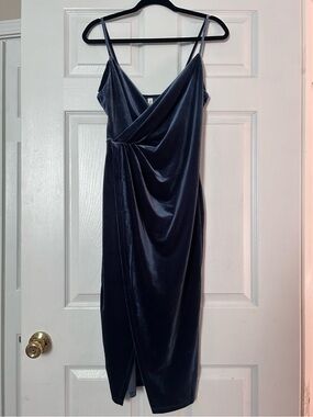 Velvet Draped Midi Dress in Navy with Spaghetti Straps